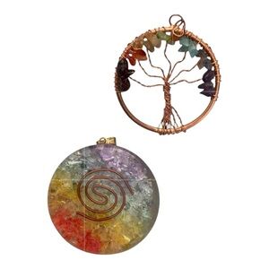 7 Chakra Layered Round Gemstone Pendant Orgonite & Tree Of Life Pendant NWOT